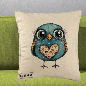 Perna Decorativa Bufnita Albastra cu Inimioare, 40x40 cm, Bej, Husa Detasabila, Perna Inclusa, BEKZ®
