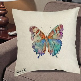 Perna Decorativa Fluture Acuarela Multicolor Portocaliu-Bleu-Mov, 40x40 cm, Ecru, Husa Detasabila, Perna Inclusa, BEKZ®