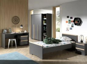 Set LONDON în culoarea antracit format dintr-un Pat copii (90x200) cu noptieră, Dulap camera copii cu 3 uși, birou și cărucior de birou și bibliotecă.