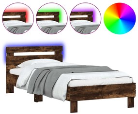 838747 vidaXL Cadru de pat cu tăblie și lumini LED, stejar fumuriu, 90x190 cm