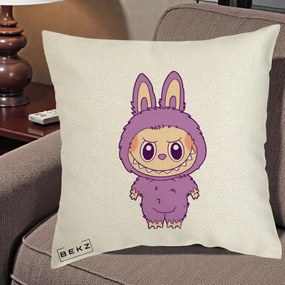 Perna Personalizata Labubu Violet Solo, 40x40 cm, Ecru, Husa Detasabila, Perna Inclusa, BEKZ®