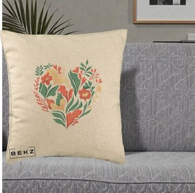 Perna Decorativa Inima Florala Botanica, 40x40 cm, Bej, Husa Detasabila, Perna Inclusa, BEKZ®