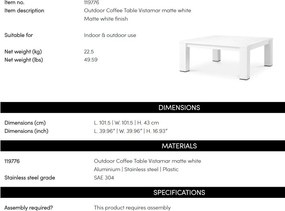 Masuta pentru interior/ exterior design LUX din aluminiu Vistamar alb, 101x101cm