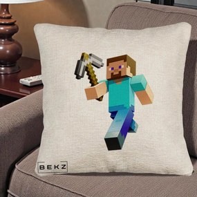 Perna Personalizata Minecraft Steve cu Tarnacop, 40x40 cm, Bej Canapea, Husa Detasabila, Perna Inclusa, BEKZ®