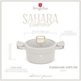 Oală cu capac 20 cm, 2.8L – Berlinger Haus Sahara Collection BH 7786, crem, cu mânere din silicon detașabile, strat titan antiaderent