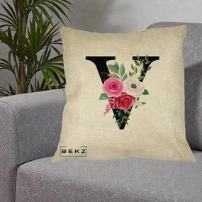 Cadou Personalizat - Perna Personalizata Monograma Florala Litera V cu Buchet, 40x40 cm, Crem, Husa Detasabila, Perna Inclusa, BEKZ®