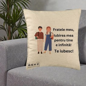 Cadou pentru Frate - Perna Personalizata Fratele Meu Te Iubesc Elevi Ilustratie Colorata, 40x40 cm, Bej, Husa Detasabila, Perna Inclusa, BEKZ®
