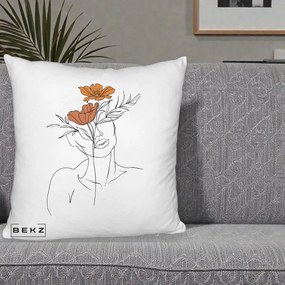 Perna Decorativa Portret Feminin Doua Flori, 40x40 cm, Alb Pufos, Husa Detasabila, Perna Inclusa, BEKZ®