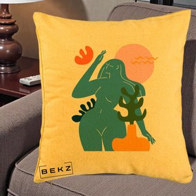Perna Decorativa Femeie Albastra Cactus, 40x40 cm, Galben, Husa Detasabila, Perna Inclusa, BEKZ®