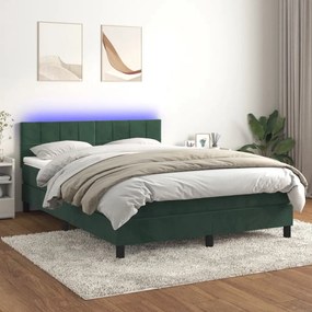 3134402 vidaXL Pat cu arcuri, saltea și LED, verde închis, 140x190 cm, catifea