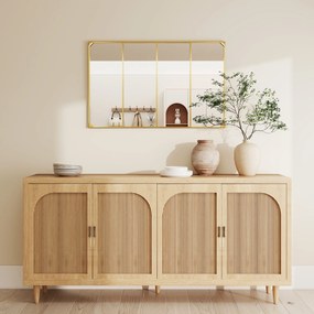 HOMCOM Oglindă de perete tip verrière, dreptunghiulară, stil industrial, montaj orizontal sau vertical cu 4 cârlige, din metal auriu 109 x 69 cm | Aosom Romania