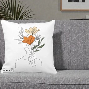 Perna Decorativa Portret Feminin Coroana Florala, 40x40 cm, Alba Mata, Husa Detasabila, Perna Inclusa, BEKZ®
