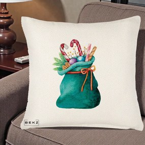Perna Decorativa Saculet Cadouri Mos Craciun Acuarela Verde, 40x40 cm, Crem Reliefat, Husa Detasabila, Perna Inclusa, BEKZ®