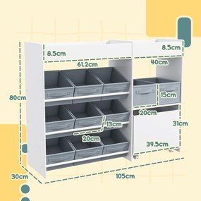 Mobilier AIYAPLAY pentru Jucării pentru Copii cu 11 Coșuri din Țesătură, Dulap și Rafturi, 105x30x80 cm, Alb | Aosom Romania