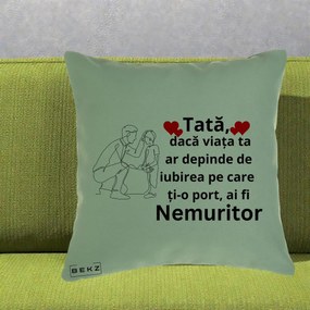 Cadou pentru Tata - Perna Personalizata Tata Nemuritor cu Inimi Rosii, 40x40 cm, Verde, Husa Detasabila, Perna Inclusa, BEKZ®