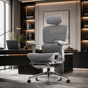 NEXORA – Scaun ergonomic, suport lombar 3D adaptiv, tetieră 4D, cotiere 9D, șezut glisant, recliner 135°, suport pentru picioare, bază metalică, Mesh, Gri