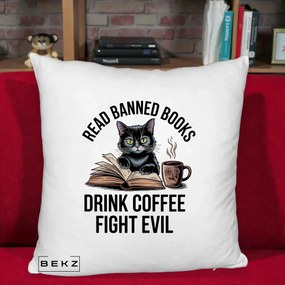 Perna Personalizata Read Banned Books Pisica, 40x40 cm, Alb Pufos, Husa Detasabila, Perna Inclusa, BEKZ®