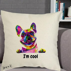 Perna Personalizata Bulldog Francez I'm Cool, 40x40 cm, Ecru, Husa Detasabila, Perna Inclusa, BEKZ®