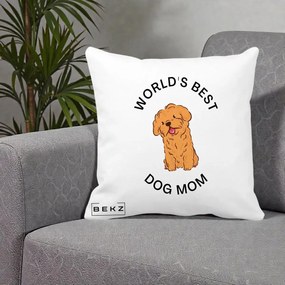 Cadou pentru Iubitorii de Caini - Perna Personalizata World's Best Dog Mom, 40x40 cm, Alba Mata, Husa Detasabila, Perna Inclusa, BEKZ®