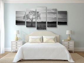 Tablou 5-piese  copacul singuratic în design alb-negru
