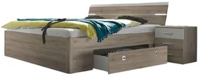 Set pat matrimonial Marte, 185X200X97 (180X200) cm, 2 sertare, tablie cu led inclus +  2 noptiere  46X56X41 cm, culoare sonoma/ alb, pal