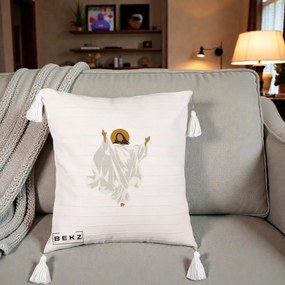 Perna Decorativa Iisus Hristos Invierea Silueta Minimalista, 40x40 cm, Bej cu Franjuri, Husa Detasabila, Perna Inclusa, BEKZ®