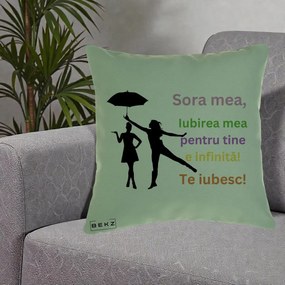 Cadou pentru Sora - Perna Personalizata Sora Mea Te Iubesc Siluete Colorate Umbrela, 40x40 cm, Verde, Husa Detasabila, Perna Inclusa, BEKZ®