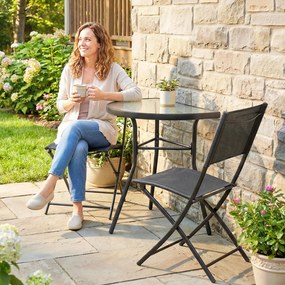 Outsunny Set bistro de exterior, mobilier de terasă 3 piese cu scaune pliante, masă din sticlă semicirculară, negru | Aosom Romania