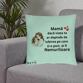 Cadou pentru Mama - Perna Personalizata Mama Nemuritoare cu Balon Inima, 40x40 cm, Verde Menta, Husa Detasabila, Perna Inclusa, BEKZ®