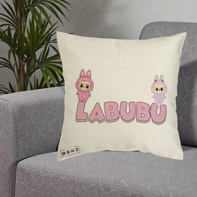 Perna Personalizata Labubu Duo Roz-Lila cu Text, 40x40 cm, Ecru, Husa Detasabila, Perna Inclusa, BEKZ®