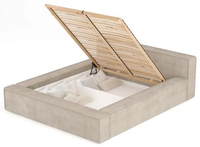Pat matrimonial bej tapițat cu spațiu de depozitare cu somieră 180x200 cm Voliera – Maison de Rêve