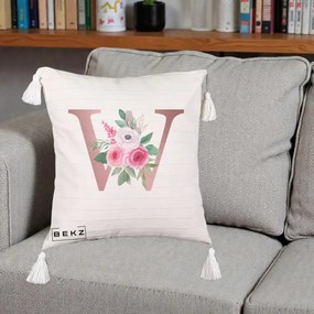 Cadou Personalizat - Perna Personalizata Monograma Rose Gold Litera W cu Trandafiri si Anemona, 40x40 cm, Bej cu Franjuri, Husa Detasabila, Perna Inclusa, BEKZ®