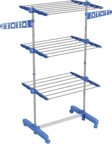 HOMCOM Uscător de Rufe Pliabil Vertical, Extensibil Tip Turn cu 6 Roți, Cârlige și 3 Rafturi, 142x55x152 cm, Albastru | Aosom Romania