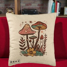 Perna Decorativa Ciuperci Boho Multicolore, 40x40 cm, Bej, Husa Detasabila, Perna Inclusa, BEKZ®