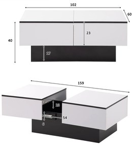 Măsuță de Cafea Modernă Extensibilă din MDF, cu 2 Sertare și Mecanism Push-to-Open, 102x60x40 cm, Albă