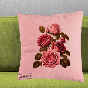 Perna Decorativa Trandafiri Vintage Roz-Rosii, 40x40 cm, Roz, Husa Detasabila, Perna Inclusa, BEKZ®
