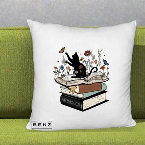 Perna Personalizata Pisica Neagra Carti Flori Fluturi, 40x40 cm, Alb Pufos, Husa Detasabila, Perna Inclusa, BEKZ®