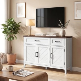 HOMCOM Bufet pentru living, mobilier de depozitare cu 3 uși cu model chevron, 2 sertare și 2 rafturi reglabile, 110 x 35 x 80,5 cm, alb | Aosom Romania