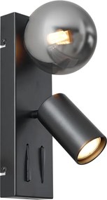Lampă de perete modernă neagră cu 2 lumini, înclinabilă, cu port USB-C - Lesly