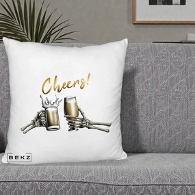 Perna Decorativa Halloween Cheers Schelete cu Bere, 40x40 cm, Alb Pufos, Husa Detasabila, Perna Inclusa, BEKZ®