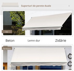 Outsunny Copertină Manuală pentru Soare, Cadru din Aluminiu și Poliester, Protecție UV, 200x295 cm, Alb Crem | Aosom Romania