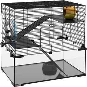 PawHut Cușcă pentru Hamsteri, Gerbili și Animale Mici din Fir de Otel și Sticlă cu Rotiță, 60x40x57 cm, Negru | Aosom Romania