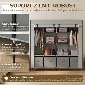 HOMCOM Dulap Portabil din Material Textil și Oțel, Garderobă cu 10 Rafturi, 4 Sertare și 2 Bare, 166x42,5x169,5 cm, Gri | Aosom Romania