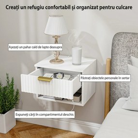 HOMCOM Set de 2 Noptiere Suspendate cu Panouri Canelate, Sertar și Raft, 40x34x29 cm, Alb | Aosom Romania