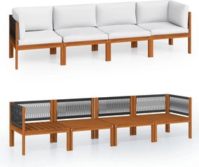 vidaXL Canapea de grădină cu 4 locuri, pernă din lemn de salcâm și frânghie