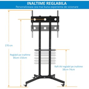 HOMCOM Carucior Suport Televizor cu Roti pentru TV 32-65" s VESA Maxim 600x400mm, Inaltime si Unghi Reglabile, Negru