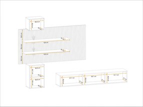 Mobilier Living modern, suspendat-prindere perete , 280 cm lungime, Casmir stejar artisan-imprimeu riflaj dungi negre, usi deschidere push open ,