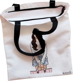 Sacosa de Panza pentru Cumparaturi, Geanta Tote, Travel Girl 6, Cu fermoar, 38x34.5 cm, Alba, BEKZ®