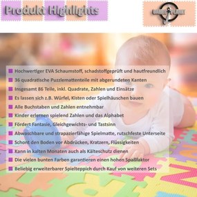 Covoraș educativ puzzle EVA, litere și cifre, 86 piese, 3,6m