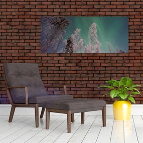 Tablou cu aurora borealis deasupra pomilor înghețați (120x50 cm)